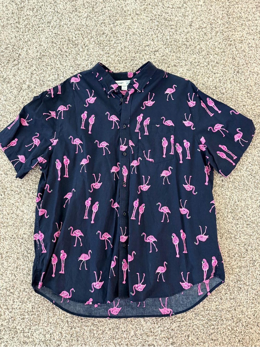 Old Navy Navy Short-Sleeve Button-Down Shirt with Pink Flamingo Print